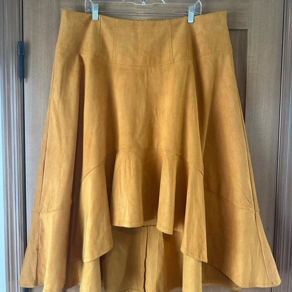 Maeve Anthropologie Cosima Flounced Hi-Low Suede Midi Skirt Mustard size 16W​​ - Picture 4 of 15